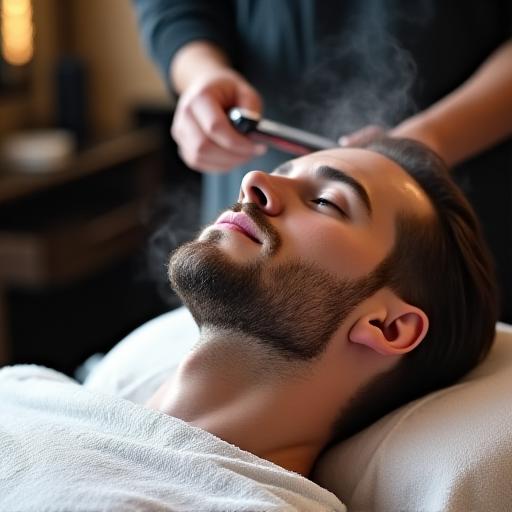 A client receiving a hot towel shave.