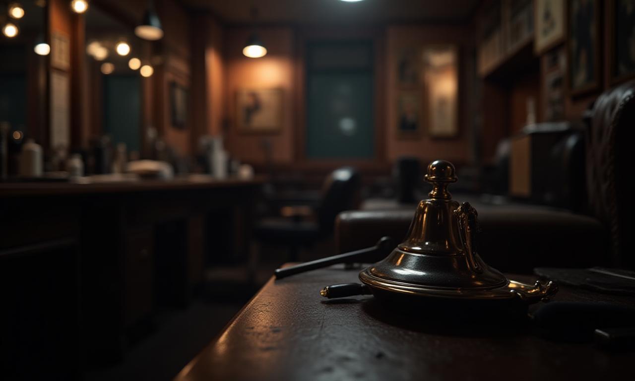 A dark, atmospheric shot of the barber's station.