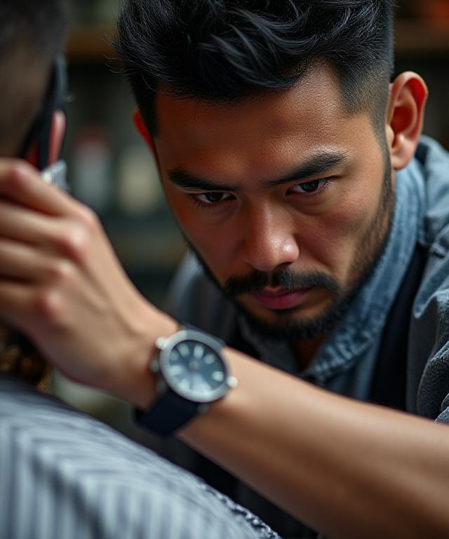 Master barber, Tanaka-san, concentrating on a detailed haircut.